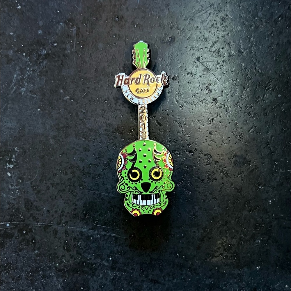 Hard Rock Cafe New Orleans Green Sugar Skull Enamel Guitar Pin